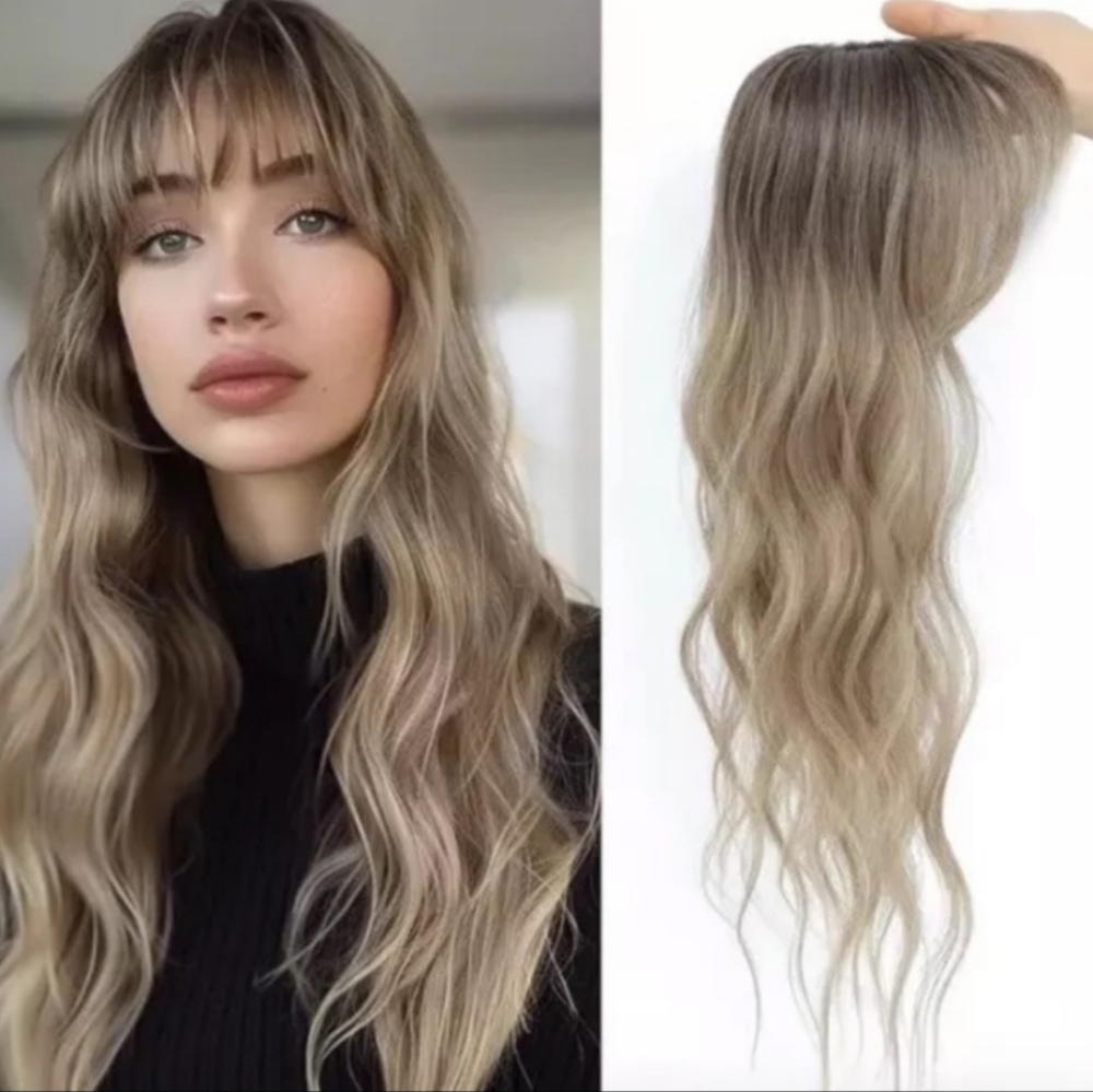 Hair Topper 18 Inch Synthetic OMBRE LIGHT BLONDE / BROWN Bangs Clip In